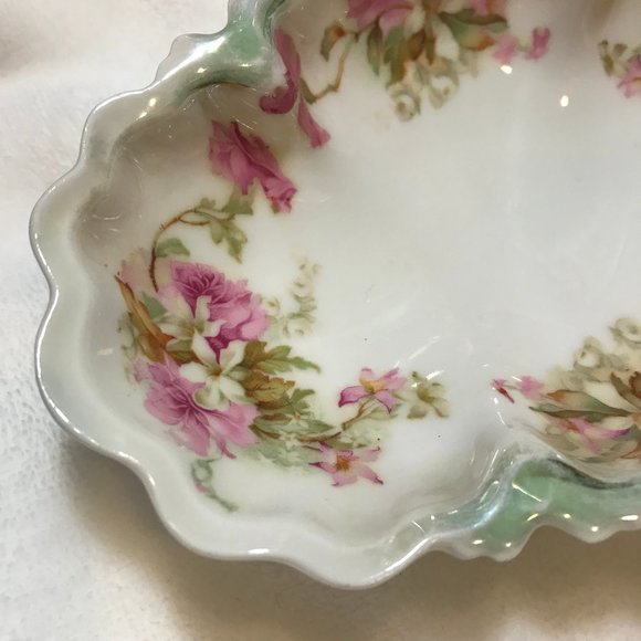 MZ Austria * Pink Flowers White Porcelain Bown Green Accents EUC Vintage Dessert - Picture 2 of 9